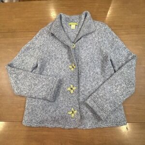 Sigrid Olsen Cardigan Sweater Womens Medium Gray Mohair Blend Floral Embroidered